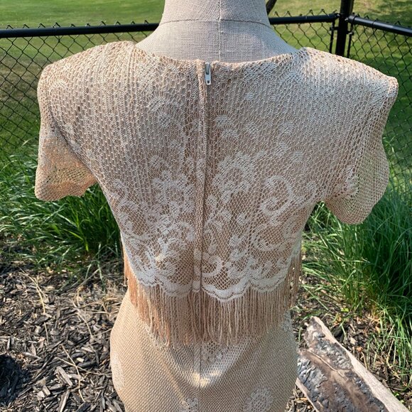 Vintage Maxi Dress Metallic Gold Lace Fringe Mother of the Bride Evening Gown - Picture 10 of 16